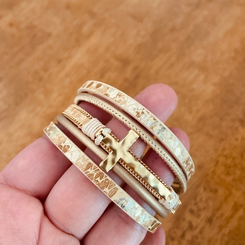 Bohemian Gold Tone Multi-Layer Bracelet Magnetic Clasp Cross Charm Religious - Picture 8 of 12